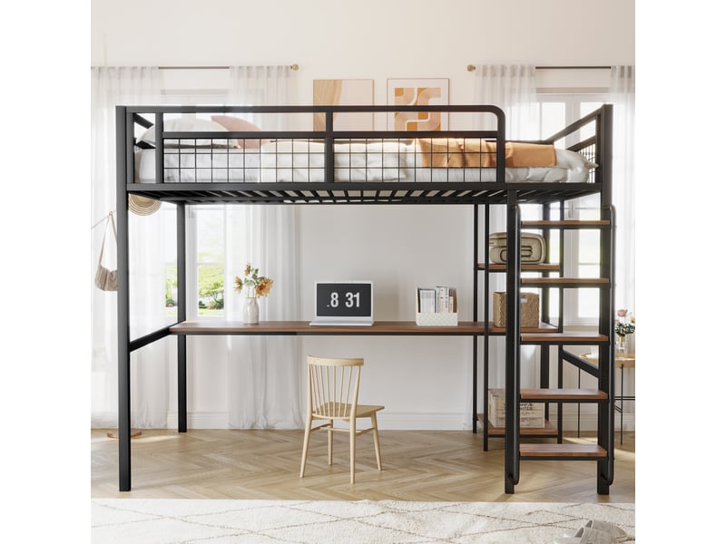 Lit mezzanine enfant 140x200 cm avec table, étagère, garde-corps, escalier, sommier, métal noir, sans matelas - Conforama B