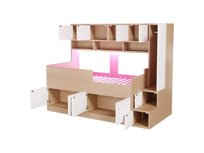 Lit enfant avec barrières de sécurité, 90 x 200 cm, comprenant des compartiments de rangement, une armoire, naturel  - Conforama W