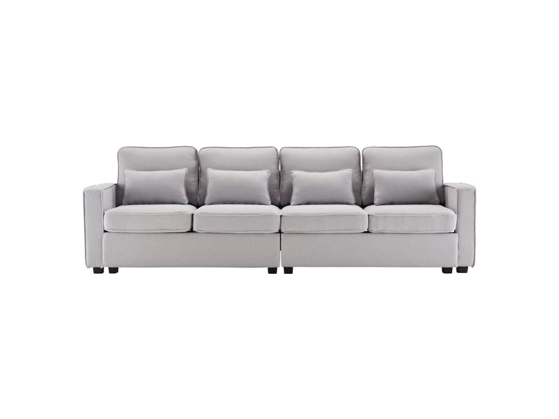 Canapé droit 264x83x87cm, canapé de style simple avec poches d'accoudoirs et 4 coussins, 4 place, tissu lin gris clair - Conforama A