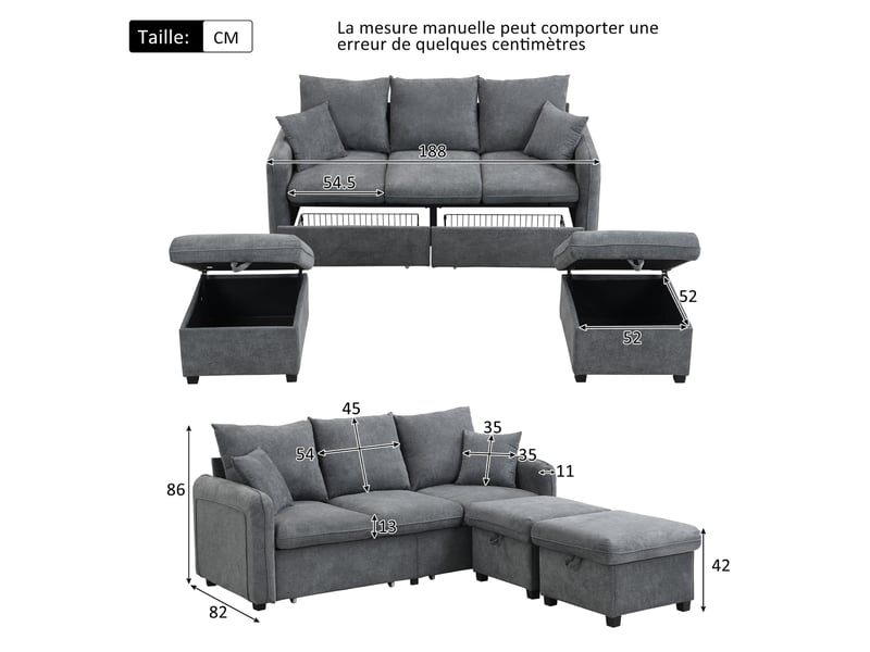  Canapé d'angle modulable 3 places en tissu chenille, 2 poufs à rangement, convertible en l ou en lit  - Conforama C