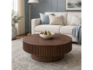 Table basse ronde 75x75x35 cm en mdf plaqué bois, coloris noyer