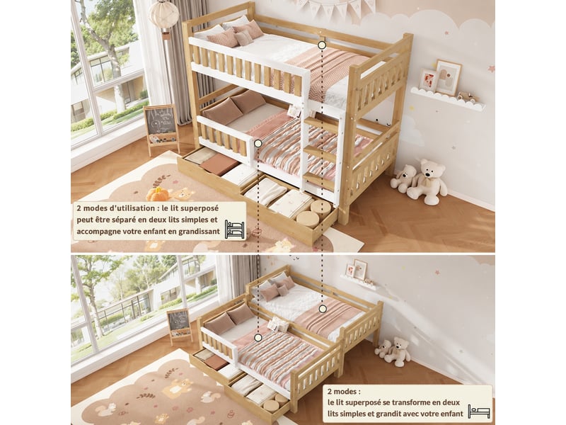 Lit superposé enfant 90 x 200 cm séparable en 2 lits simples, avec échelle, barrières et 2 tiroirs, blanc et naturel - Conforama E