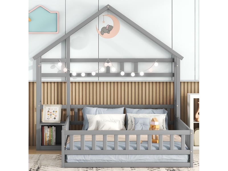  Lit enfant cabane 140x200 cm avec barrières et chevet de rangement gris  - Conforama D