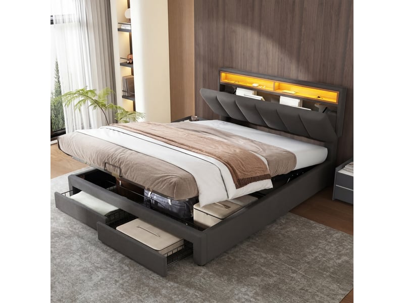  Lit coffre 140 x 190 cm avec led,lit adulte capitonné avec tête de lit rangement, sommier à lattes,hydraulique,gris lin  - Conforama E