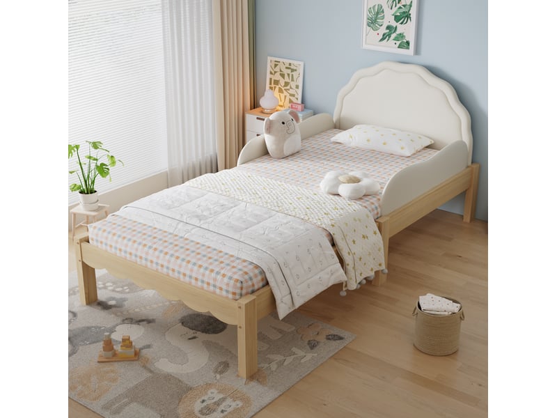  Lit enfant 90x200 cm avec barrières latérales et tête de lit rembourrée en bois et pu coloris beige et naturel  - Conforama B