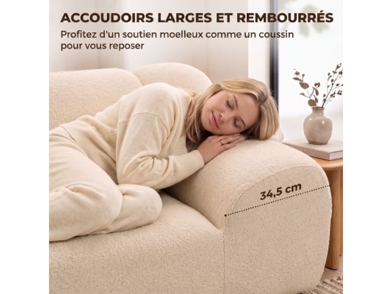 Canapé 2 places en chenille, canapé de salon 174cm, assise et accoudoirs larges rembourrés, entièrement compressé, beige - Conforama D