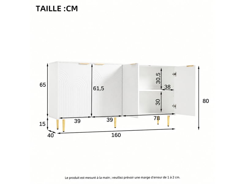 Buffet blanc 4 portes rainurées, poignées dorées brossées, étagères réglables, 160 x 40 x 80 cm - Conforama E