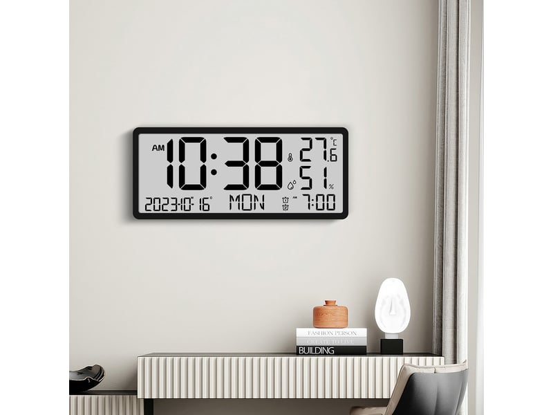  Horloge murale numérique  heure-date-température int.-humidité noir  - Conforama D