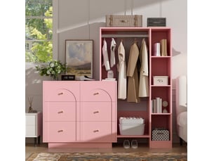 Armoire ouverte multifonction 139 x 35 x 133 cm, 6 tiroirs et penderie rose
