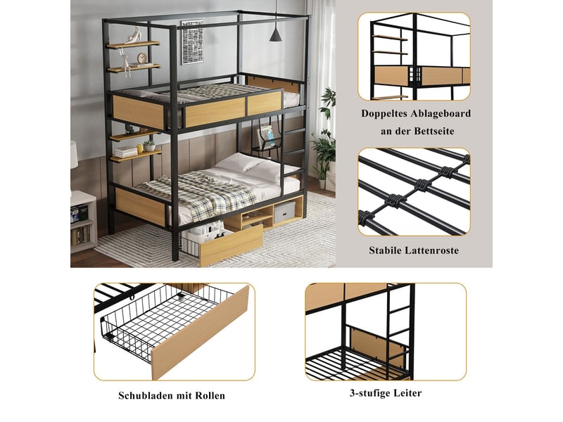  Lit superposé enfant 90x200, structure robuste échelle sécurisée, double étagère rangement  - Conforama E