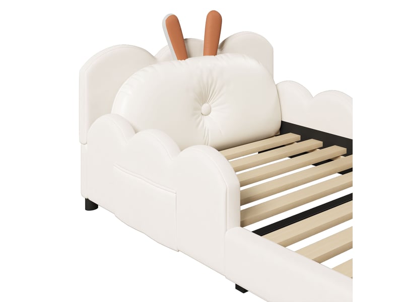  Lit enfant rembourré 90x200 cm avec barrières de sécurité, tête de lit avec coussin lapin, structure en pin et mdf, beige  - Conforama D