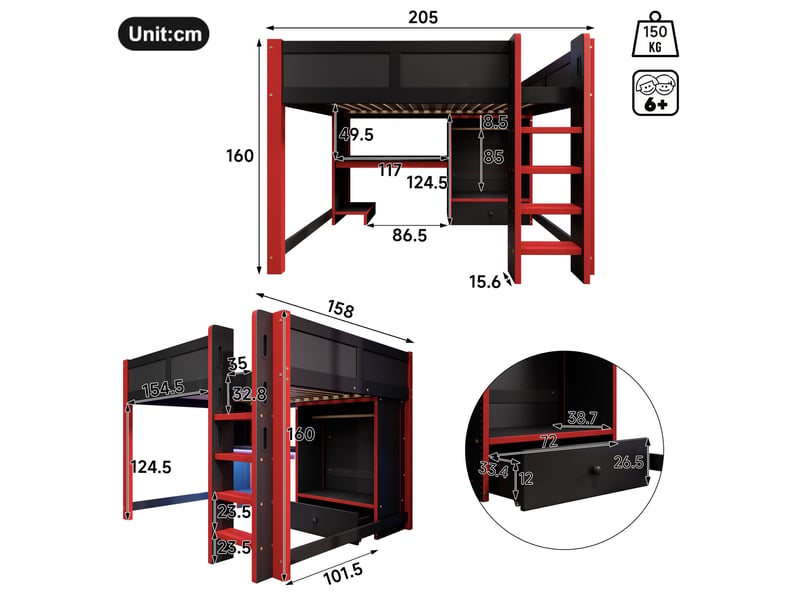  Lit mezzanine 140x200 cm avec bureau, rangements et led,coloris noir et rouge  - Conforama C