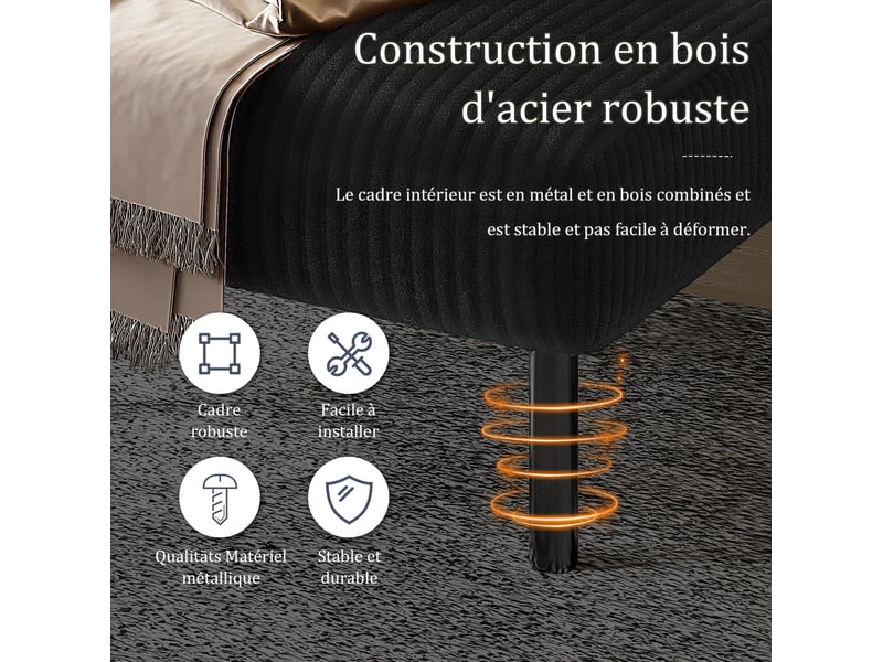  Canapé droit fixe 2 places en velours côtelé noir 120 × 75 × 79 cm avec poche latérale, pour votre salon  - Conforama D