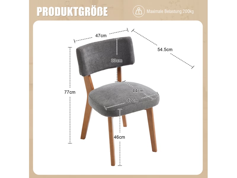 Lot de 2 chaises de salle à manger rembourrées avec dossier ergonomique et pieds en bois massif, tissu gris  - Conforama D