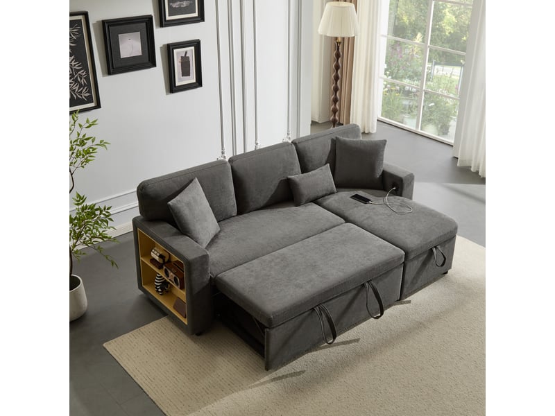  Canapé-lit 214.0x131.0x87.0 cm usb, rangement en flanelle gris foncé  - Conforama B