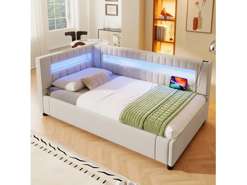  Lit simple 90x200 cm rangement hydraulique, éclairage led en lin et mdf beige  - Conforama C