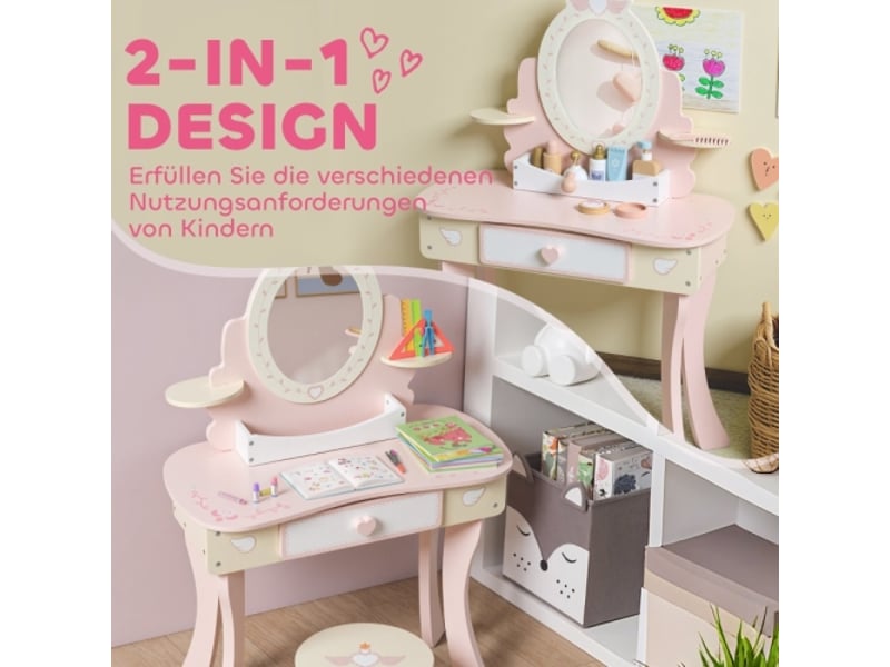 Coiffeuse enfant 2 en 1 rose, avec chaise, tiroir, miroir amovible et 7 accessoires, mdf - Conforama D