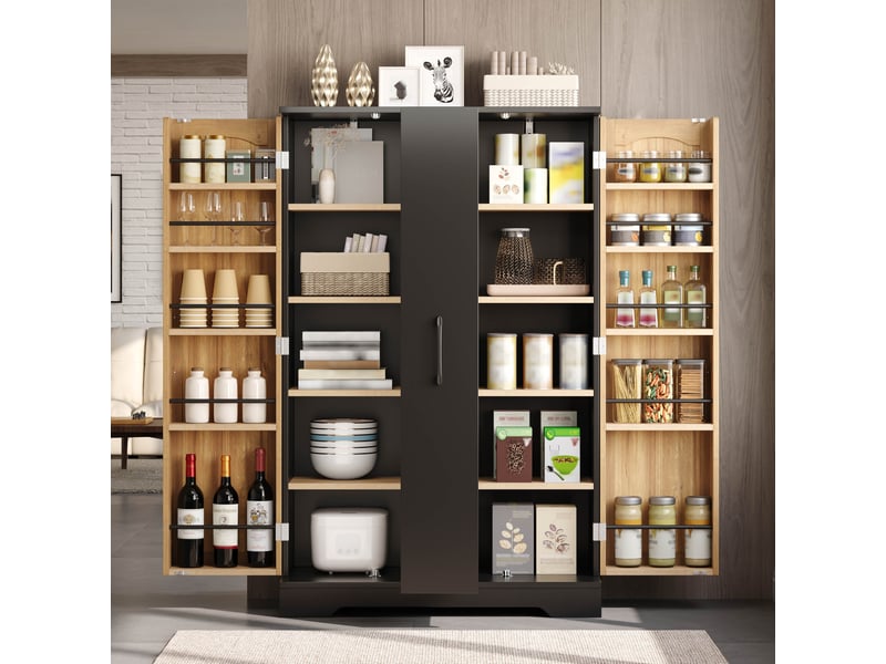  Meuble de cuisine 78x35x120 cm avec rangement épices, placard haut avec portes, tiroir coulissant vertical et étagères réglables - noir et naturel  - Conforama C