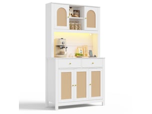 Buffet de cuisine 100x40x180 cm avec led rgb, portes en rotin, blanc