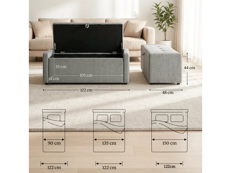  Banc de rangement 122 x 48 x 44 cm gris clair, tissu effet lin, coffre dissimulé et assise rembourrée  - Conforama C