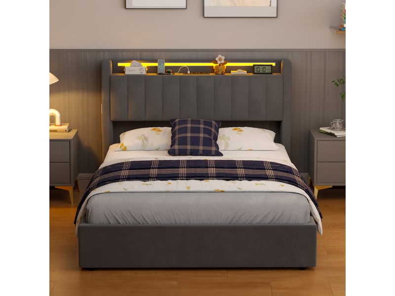  Lit double 140x200 cm avec rangement, led et usb gris homvra  - Conforama E