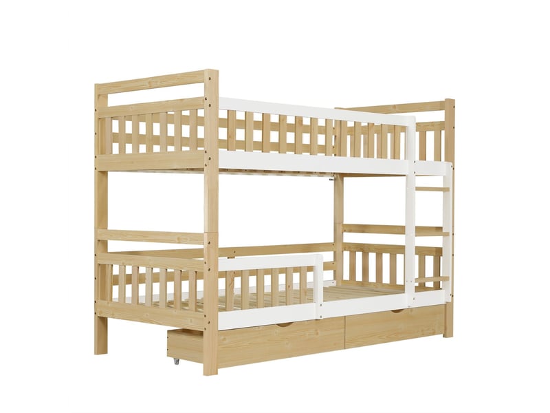  Lit superposé enfant 90 x 200 cm structure en bois finition blanche et naturelle convertible en 2 lits simples échelle d'accès barrière de sécurité surélevée 2 tiroirs  - Conforama A