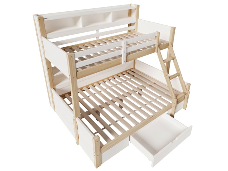  Lit superposé avec rangement 90x200 &amp; 140x200 | échelle, barrière de sécurité, casiers et tiroir  - Conforama A