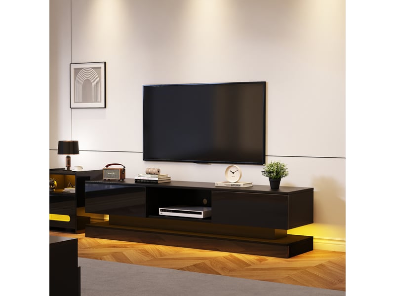  Meuble tv noir brillant 160x35x40,5 cm avec led, contrôle des applications, 2 tiroirs, conception anti-basculement, meuble tv bas  - Conforama W