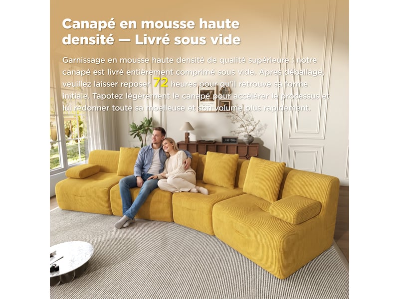  Canapé modulable 4 places, superbe canapé en velours côtelé jaune pour salon, design moderne, dimensions 311x90x65 cm, charge maximale 400 kg.  - Conforama R