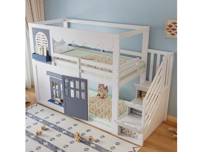  Lit mezzanine enfant 90x200 cm avec escalier de rangement, blanc et bleu  - Conforama C