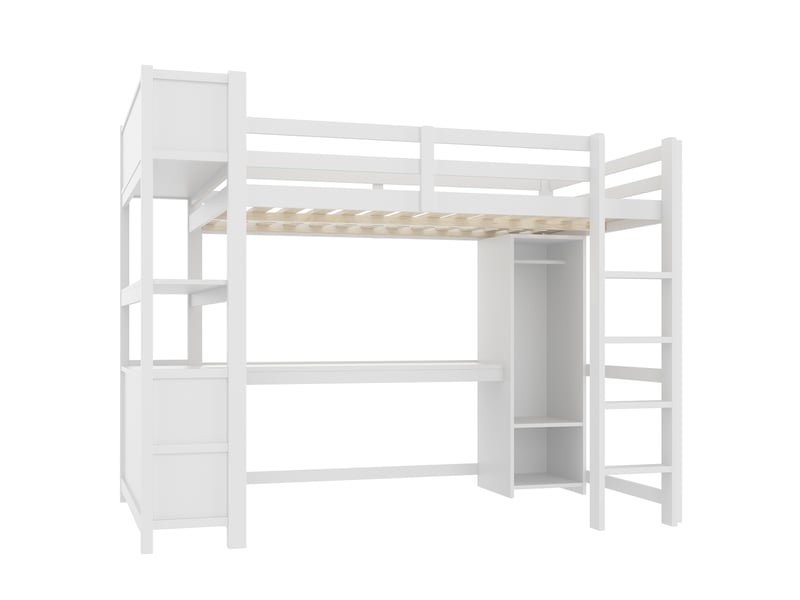 Lit mezzanine 140x200 cm en bois blanc avec bureau, étagères et armoire intégrée – sans matelas - Conforama D