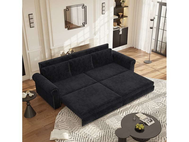 Canapé-lit convertible 3-en-1 238x90x98 cm – noir – coulissant, 3 places, accoudoirs roulés et clous décoratifs - Conforama C