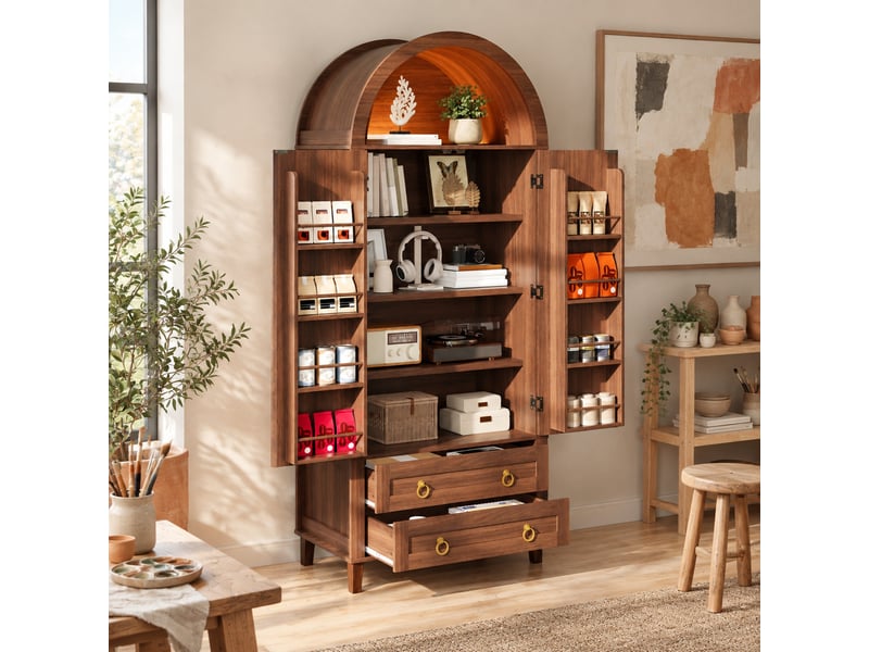 Buffet haut tcqpz 76 x 40 x 179,5 cm led réglable par application 2 portes 2 tiroirs mdf et panneaux de particules noyer - Conforama C