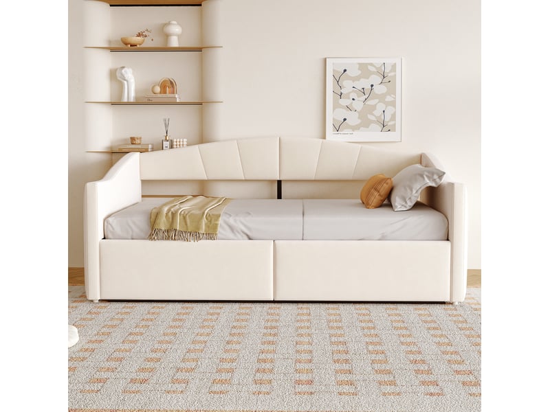  Lit enfant 90 x 200 cm rangement sommier à lattes accoudoirs dossier rayé tissu velours beige sans matelas  - Conforama R
