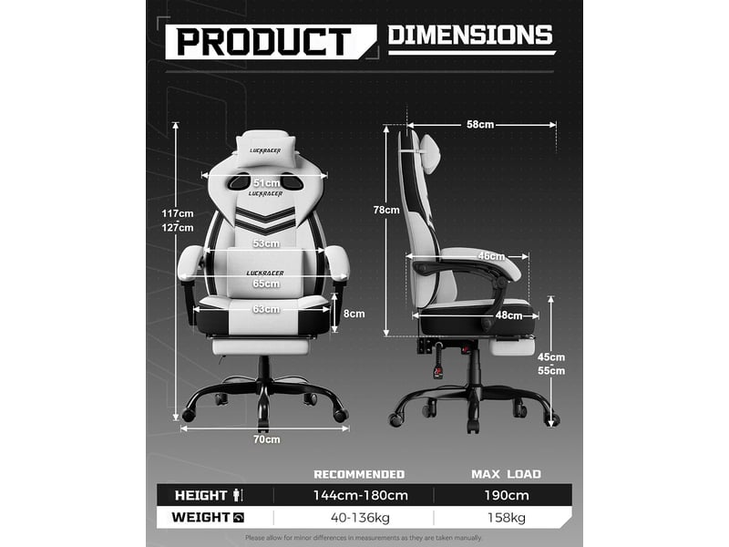  Gtplayer chaise de jeu en tissu avec accoudoirs synchronisés, inclinaison de 90-155° et repose-pieds - blanc - double ligne LR408-WT-DL-FA - Conforama B