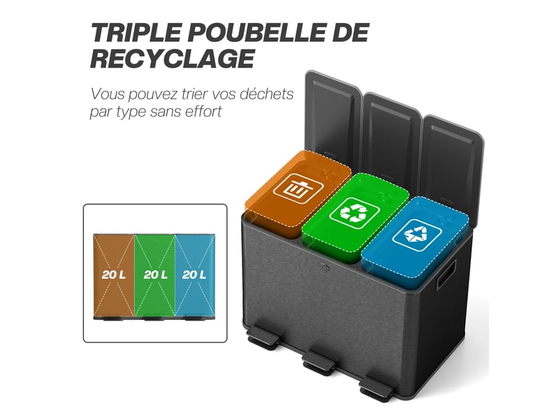  Poubelle de cuisine tri sélectif 3 compartiments en acier inoxydable noir 61,9x36,6x56,7 cm  - Conforama D