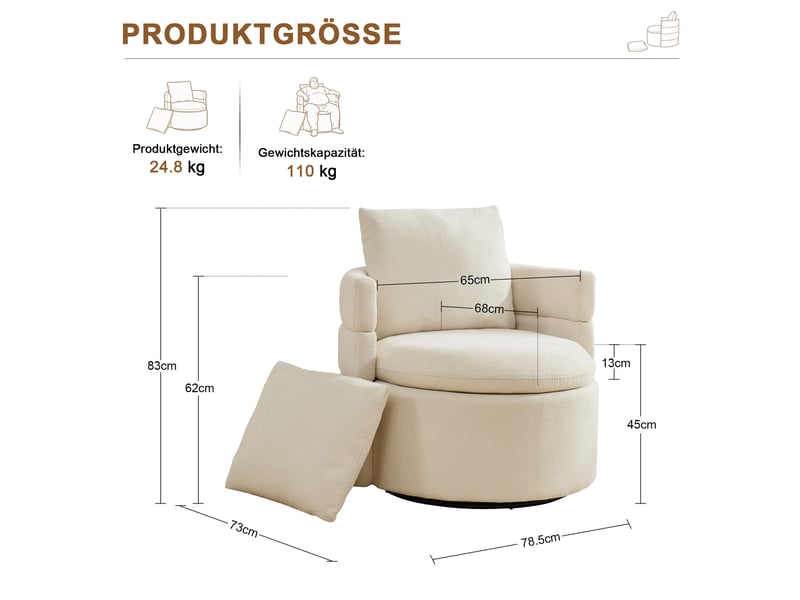 Fauteuil 78,5x73x83 cm, pivotant 360°, avec rangement intégré, fauteuil lounge, coussin, pour salon, chenille ivoire  - Conforama C