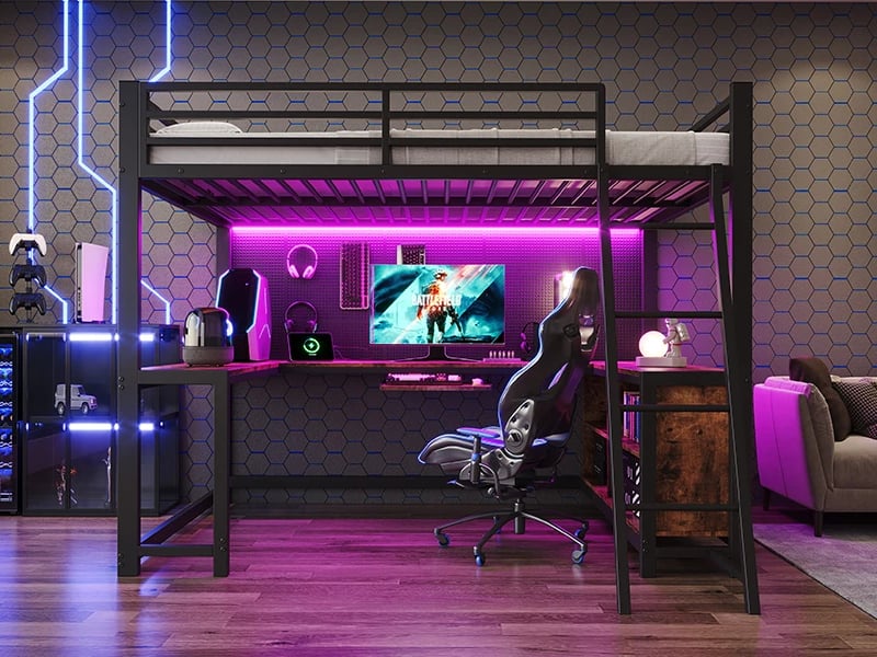  Lit mezzanine,120 x 200 cm,avec bureau 3 côtés, espace de rangement, clavier coulissant, led et prise eu, noir  - Conforama B