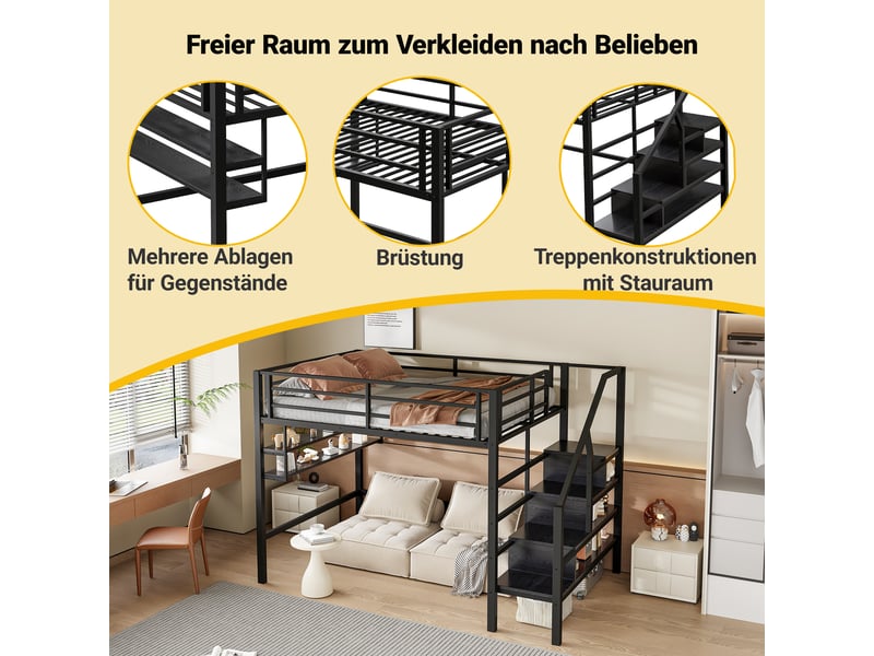 Lit mezzanine enfant 2 places 140×200 cm avec étagères, échelle de rangement et barrière - sans matelas, métal - noir - Conforama E