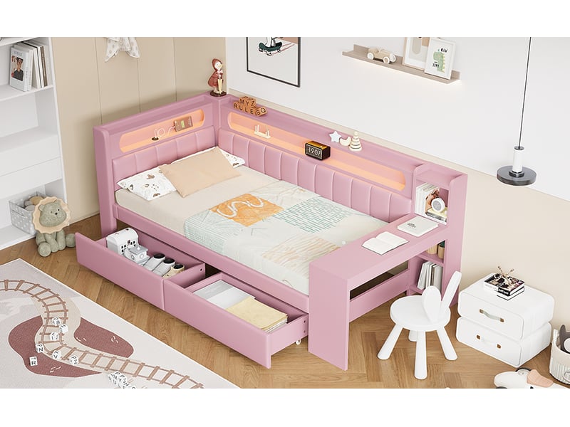  Lit banquette 90 × 200 cm, bureau intégré, 2 tiroirs, éclairage led et usb, dossier rembourré, mdf et contreplaqué, rose  - Conforama B