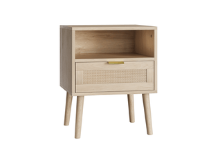 Table de chevet en vigne 45x40x55 cm, tiroir, niche ouverte, style bohème, rangement pratique, mdf et aggloméré, chêne