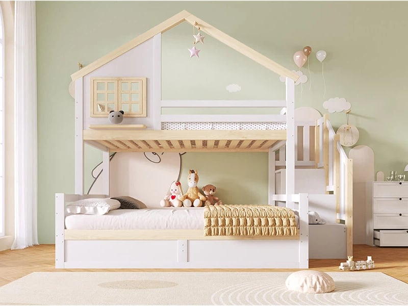  Lit superposé 90x200 cm et 140x200 cm avec barrières de sécurité, escalier avec rangements, blanc et naturel  - Conforama B