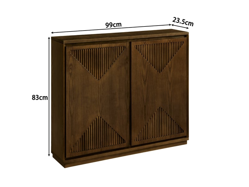  Buffet bas étroit mid-century marron avec rangement et façades à motif en v  - Conforama C