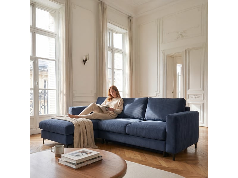 Canapé d'angle droit convertible - 4 places - velours côtelé - fiesole - bleu foncé 3CA52.CA.4AC.G.15 - Conforama E