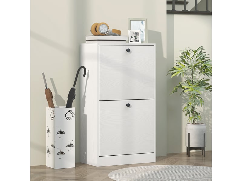  Meuble à chaussures avec 2 tiroirs abattants et étagères réglables pour couloirs et petits espaces 47x26x85 cm blanc marbré  - Conforama D
