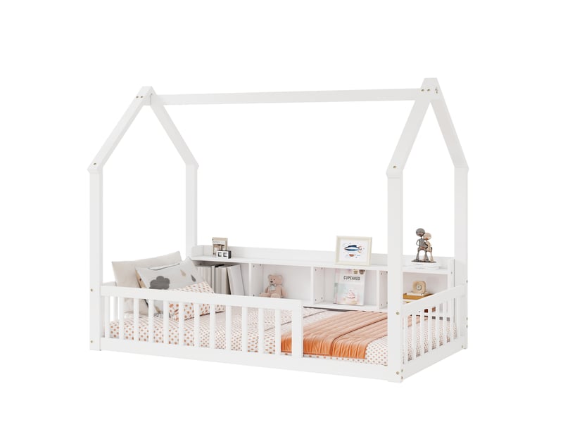  Lit cabane enfant 90 × 200 cm en bois de pin avec barrières de sécurité, étagères de rangement intégrées et cadre maison - blanc  - Conforama A
