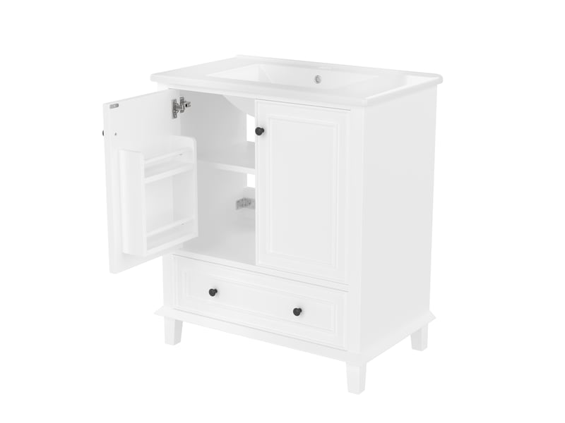  Meuble vasque salle de bain blanc 76 cm avec lavabo céramique intégré, pieds bois massif et grand rangement  - Conforama E