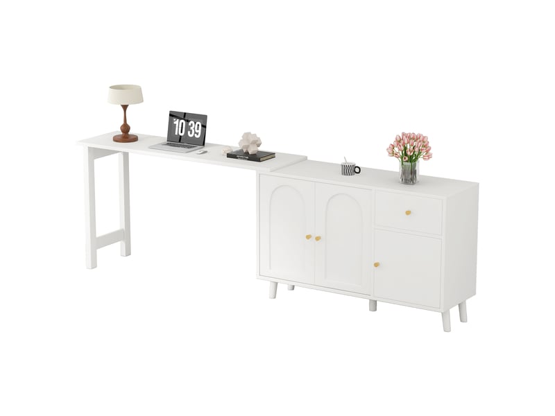 Bureau d'angle pivotant 360°, bureau et buffet 2 en 1 avec 3 portes et 1 tiroir. Bureau informatique blanc élégant pour salon et chambre.  - Conforama A