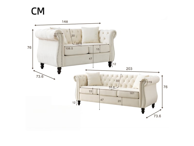  Canapé droit, pieds en bois d'hévéa façon bouteille, détails capitonnés et rivets argentés, 5 places, 76 x 73,6 x 203 cm + 76 x 73,6 x 148 cm, beige  - Conforama C