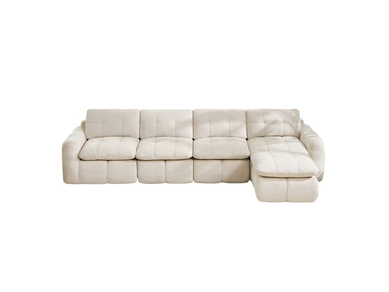  Canapé d’angle modulable 4 places en chenille beige avec ottoman  - Conforama A
